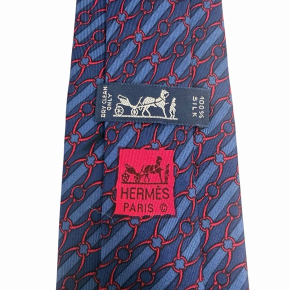 Hermes Men's Tie Equestrian Chain Links Navy/Red Silk 947 IA 3
